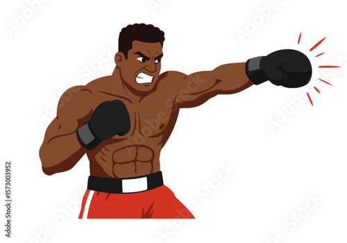 Cartoon Boxer Punching with Black Gloves and Red Shorts Angry Expression.