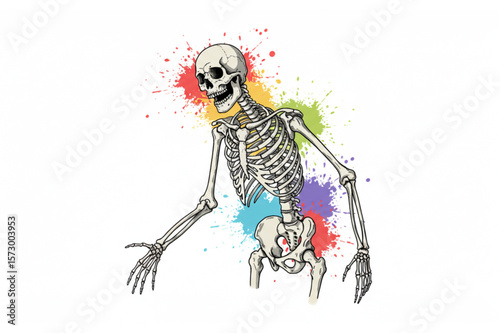 Expressive human skeleton graphic with vibrant paint splatters adding a touch of artistic flair for unique designs and creative projects.