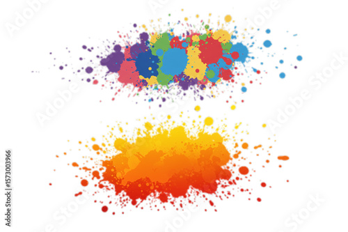 Vibrant splatters of colorful inks create a dynamic and versatile graphic element suitable for artistic designs, backgrounds, and creative projects.