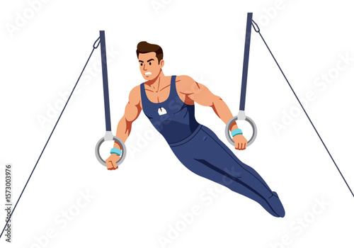 Cartoon Gymnast Performing on Rings with Blue Leotard and Wristbands.