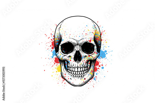 Artistic skull graphic with colorful paint splatters, ideal for t-shirt designs, posters, or edgy branding materials, adding a vibrant and unique element.