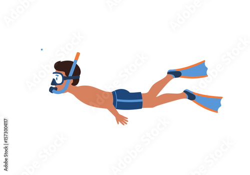 Cartoon Man Snorkeling with Blue Mask Snorkel Swim Trunks and OrangeBlue Fins.