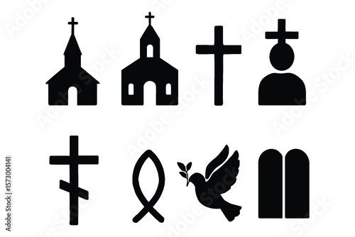 Religious symbols including churches crosses dove fish and tablets