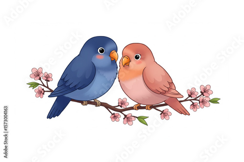 Adorable graphic depicting two colorful birds perched together on a flowering branch, perfect for spring designs and nature-themed art.