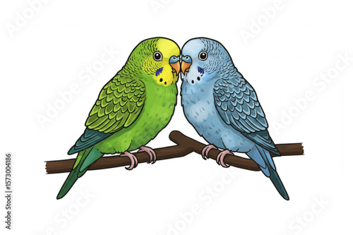 Two delightful budgies perch together, a charming pet graphic perfect for avian-themed design elements and animal lover projects.