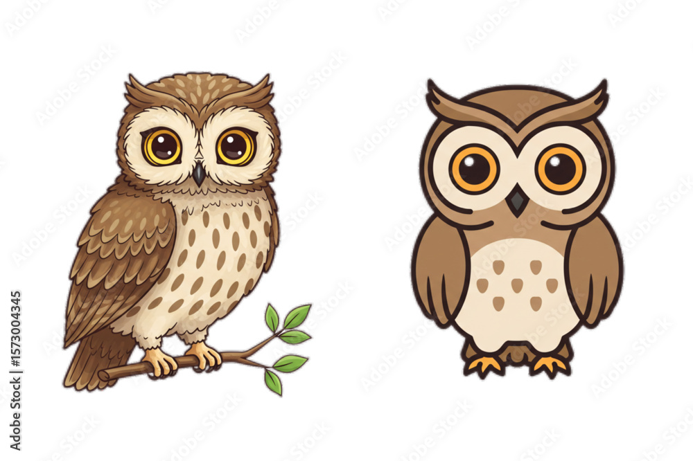 Naklejka premium Charming owl art featuring two stylized bird characters, perfect for children's designs and creating engaging educational material.