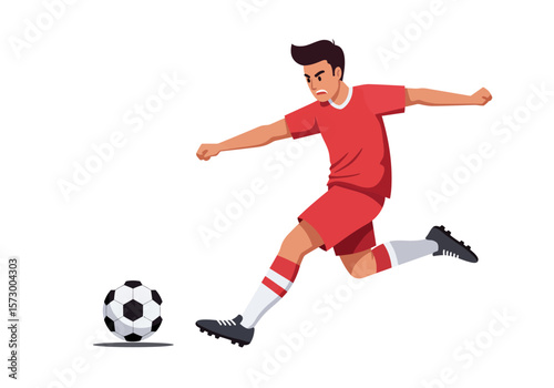 Cartoon Soccer Player in Red Uniform Kicking a Black and White Ball.