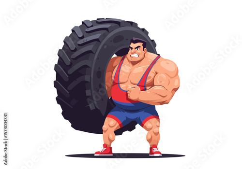 Cartoon Strongman Lifting a Large Tire with Red and Blue Outfit.
