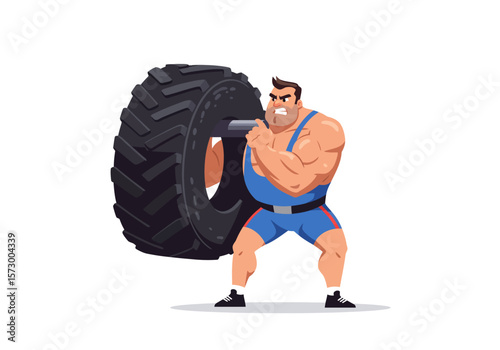 Cartoon Strongman Lifting a Large Tire with Intense Focus and Muscular Build.