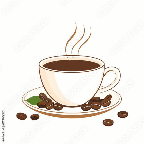 Hot Coffee Cup with Steaming Aroma Surrounded by Coffee Beans on a White Saucer with Clean Vector Illustration Style