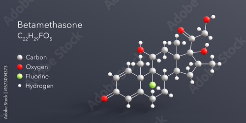 Fototapeta Naklejka Na Ścianę i Meble -  betamethasone molecule 3d rendering, flat molecular structure with chemical formula and atoms color coding