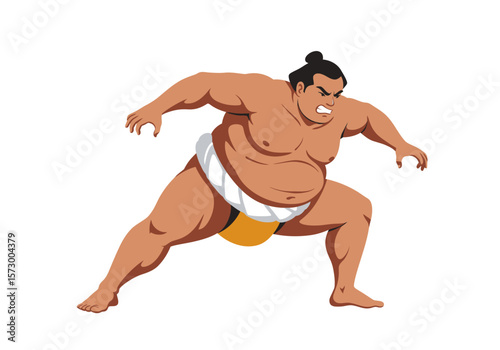 Cartoon Sumo Wrestler in Fighting Stance with Angry Expression.