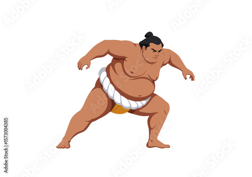 Cartoon Sumo Wrestler in Mawashi Ready to Fight Traditional Japanese Sport.