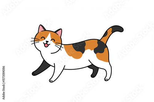 Joyful calico cat struts with happiness, a charming design ideal for children's books, pet stores, or whimsical animal themed projects.