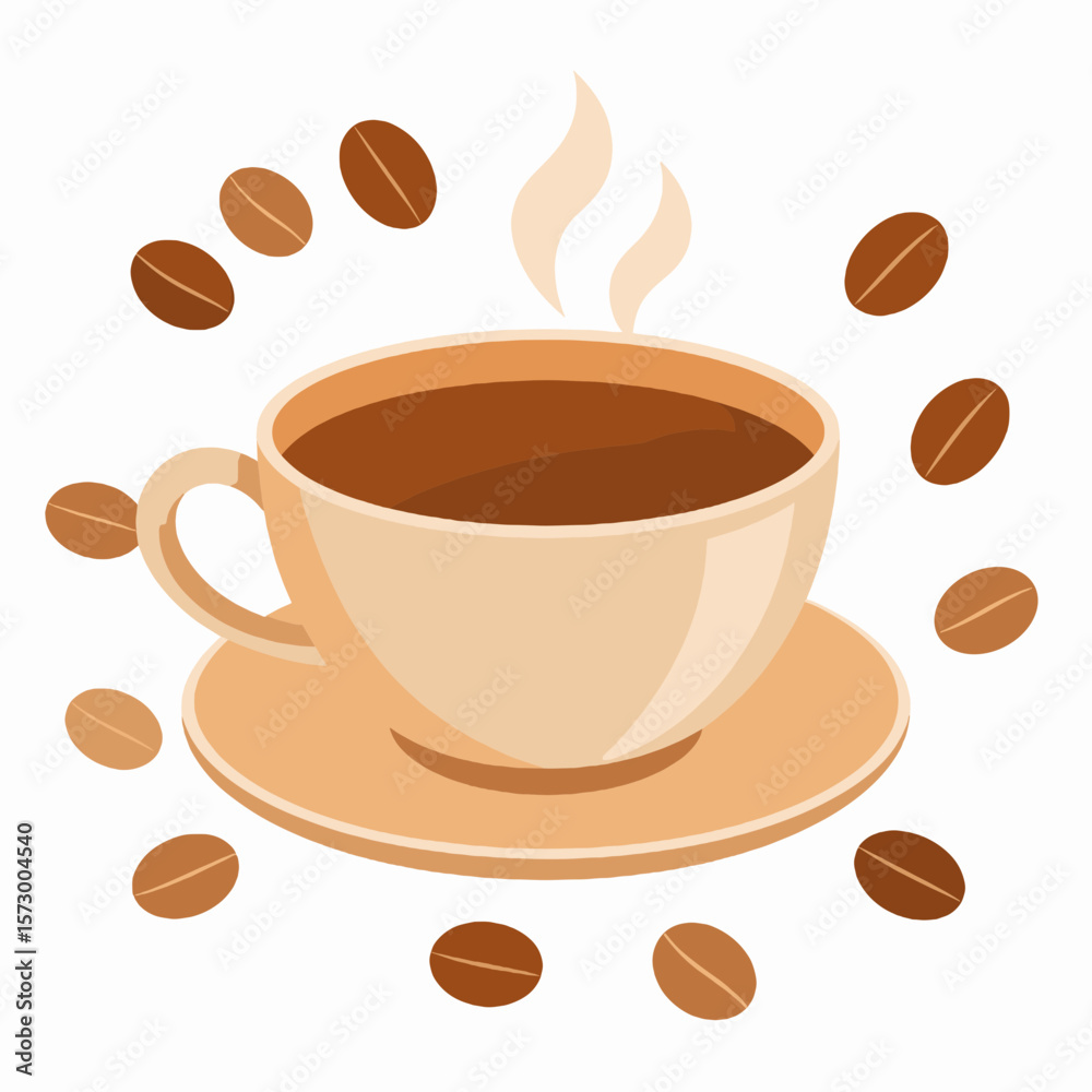 Obraz premium Illustration of a Beige Coffee Cup with Steaming Brew Surrounded by Coffee Beans on a White Background