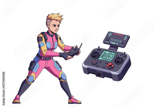 Cartoon Woman in Pink Jumpsuit Holding Drone Remote Control Device.