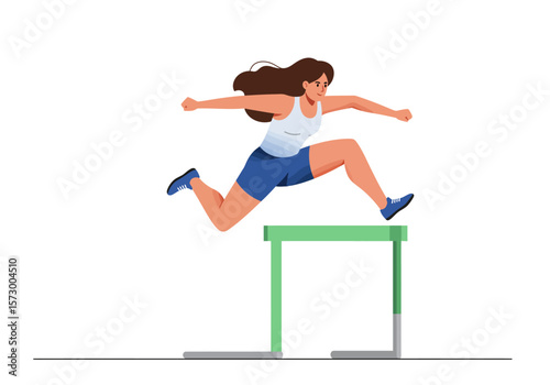 Cartoon Woman Athlete Jumping Over Hurdle with Arms Extended.