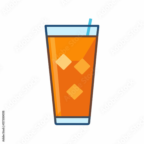 Iced Orange Juice in a Tall Glass with a Blue Straw and Ice Cubes on a White Background
