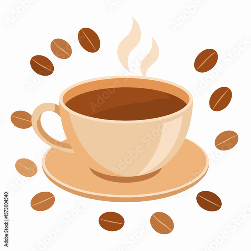 Illustration of a Beige Coffee Cup with Steaming Brew Surrounded by Coffee Beans on a White Background