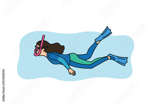 Cartoon Woman Snorkeling with Pink Snorkel and Blue Fins Underwater.