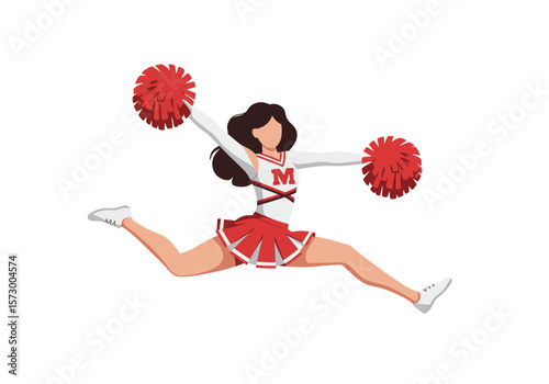 Cheerleader in MidAir Split with Red PomPoms and White Uniform.