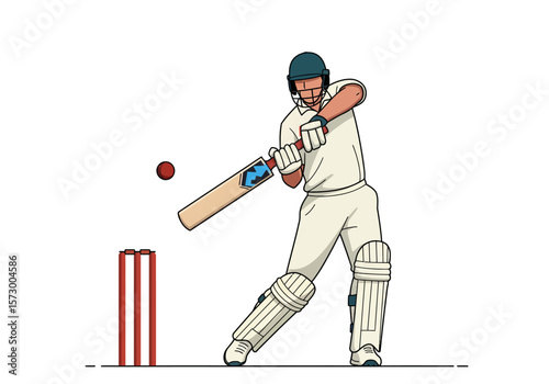Cricket Batsman Hitting Ball with Bat Wearing Helmet and Pads.