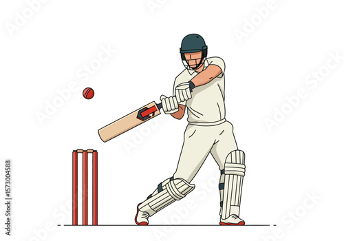 Cricket Batsman Hitting Ball Near Wickets Wearing Helmet and Protective Gear.