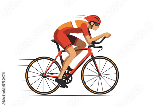 Cyclist in Red and Orange Racing Suit Riding a Red Bicycle.