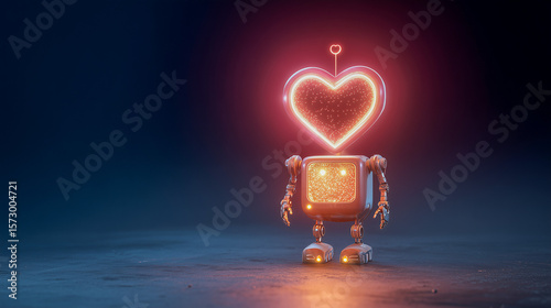 A cute, glowing robot with a neon heart symbol above its head, representing artificial intelligence with emotions, machine learning, and the playful future of robotics
