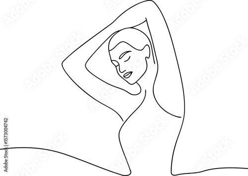 Continuous one line drawing of a female face and shoulders in a relaxed pose, a sophisticated symbol for skincare, cosmetics, and wellness brands.