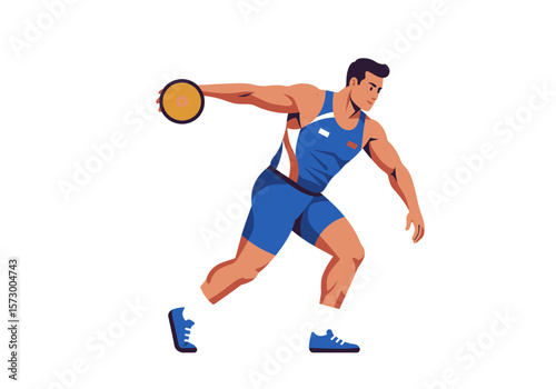 Discus Thrower in Blue Uniform Preparing to Throw the Discus.