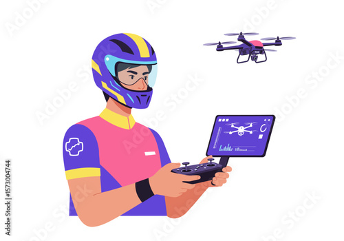 Drone Pilot with Helmet and Controller Operating a Quadcopter.