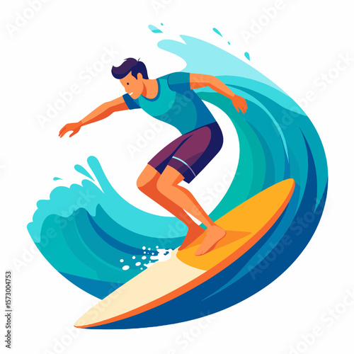Illustration of a Surfer Riding a Turquoise Wave on a Yellow Board Against White Background