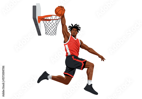 Dynamic Basketball Player Slam Dunking with Red Jersey and Black Shorts Illustration.