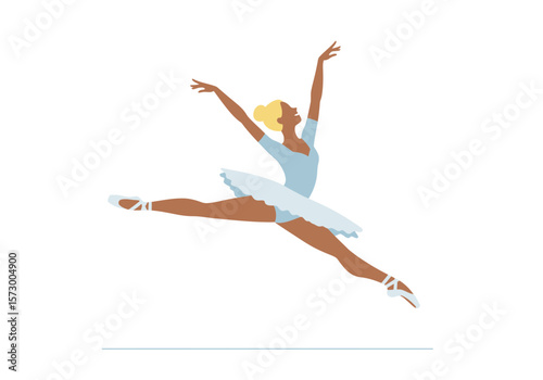 Elegant Ballerina in MidAir Leap with Blue Leotard and White Tutu.