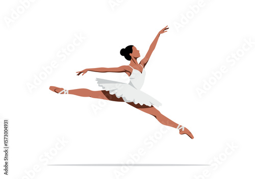 Elegant Ballerina in White Tutu Leaping Gracefully Through the Air.