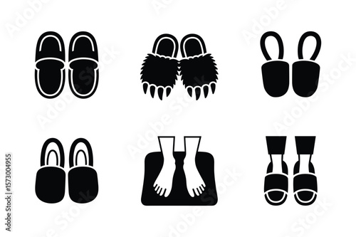 Footwear collection with various slipper styles and foot representation slippers shoes