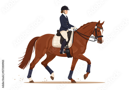 Elegant Chestnut Horse with Rider in Dressage Attire Performing Precise Movements.