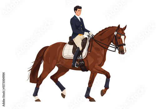 Elegant Dressage Horse and Rider in Formal Attire Performing a Precise Movement.