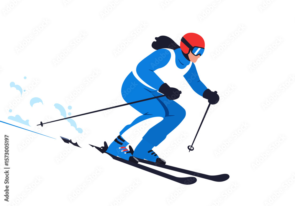 Female Skier in Blue Suit Red Helmet and Goggles Skiing Downhill. Female Skier in Blue Suit Red Helmet and Goggles Skiing Downhill.