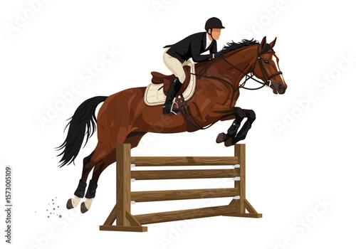 Equestrian Show Jumping Chestnut Horse and Rider Leaping Over Wooden Fence.