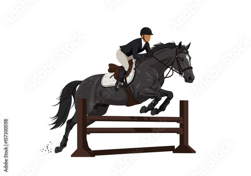 Equestrian Show Jumping Gray Horse Leaping Over Wooden Obstacle with Rider.