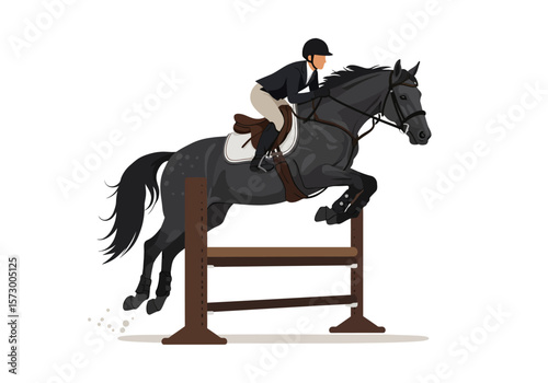 Equestrian Show Jumping Gray Horse and Rider Leaping Over Obstacle.