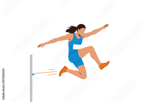 Female Athlete Performing High Jump in Blue Uniform and Orange Shoes.