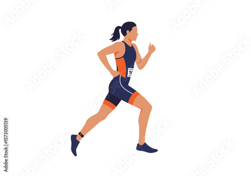 Female Athlete Running in Navy and Orange Sportswear with Race Number.