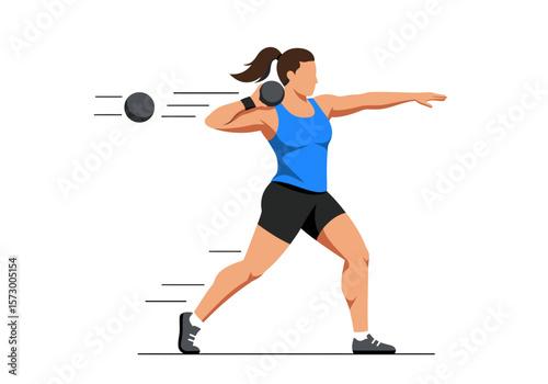 Female athlete throwing shot put with dynamic motion lines blue top black shorts.