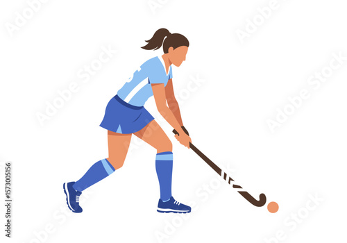Female Field Hockey Player in Action with Stick and Ball.