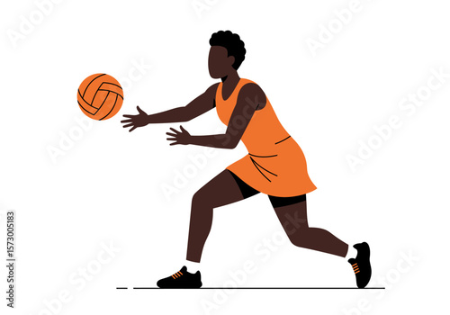 Female Netball Player in Action Orange Dress Passing Ball.