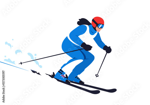 Female Skier in Blue Suit Red Helmet and Goggles Skiing Downhill.