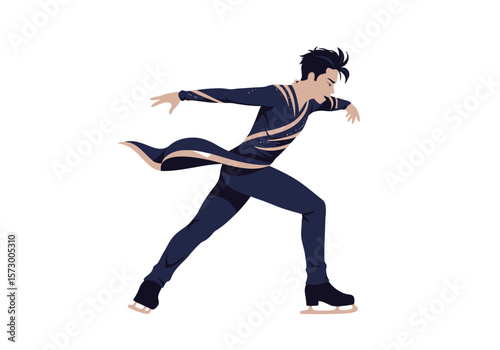 Figure Skater in Motion with Dark Blue Costume and Beige Accents.